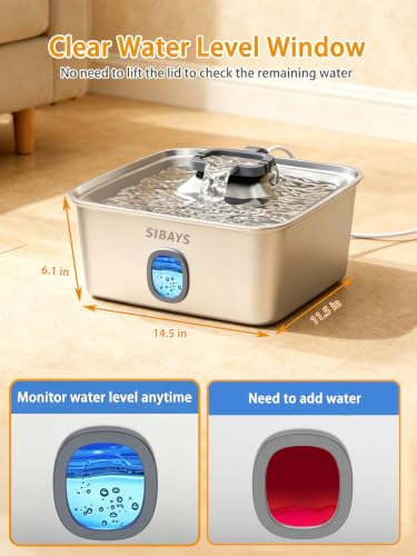 SIBAYS 4Gal/15L Large Dog Water Fountain, Stainless Steel Pet Fountain with Water Window & LED Light, Ultra Quiet Automatic Dog Water Bowl Dispenser for Large Dogs & Multi-pet, Easy to Clean FS76