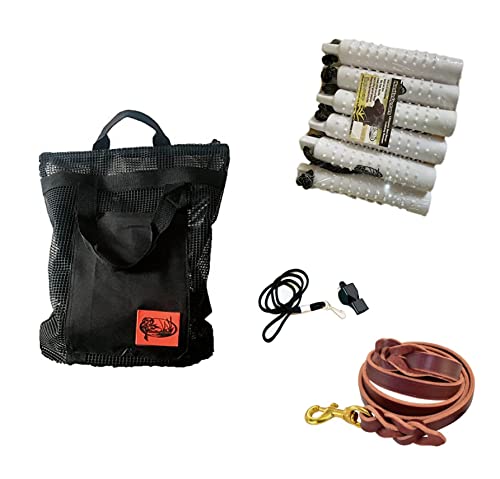 HuntEmUp Dog Training Kit - (6 pack) 2 inch Training Bumper with Throw Rope - White with Bumper Mesh Bumper Bird Bag Dog Training Dummy Bumper Storage Bag and whistle & lanyard combo and braided leash