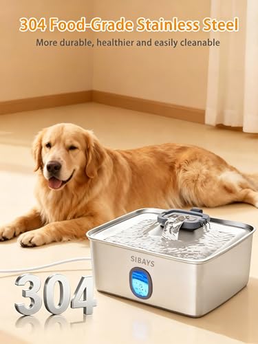 SIBAYS 4Gal/15L Large Dog Water Fountain, Stainless Steel Pet Fountain with Water Window & LED Light, Ultra Quiet Automatic Dog Water Bowl Dispenser for Large Dogs & Multi-pet, Easy to Clean FS76