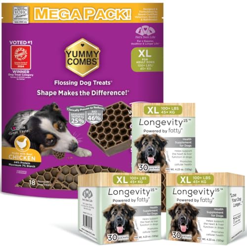 Yummy Combs Dog Dental Treats (36oz, 45ct) & Longevity15 Supplement (3 Pack) Bundle – VOHC Approved Dental Protein Treat – C15:0 Fatty Acid Health Supplement – for Extra Large Dogs