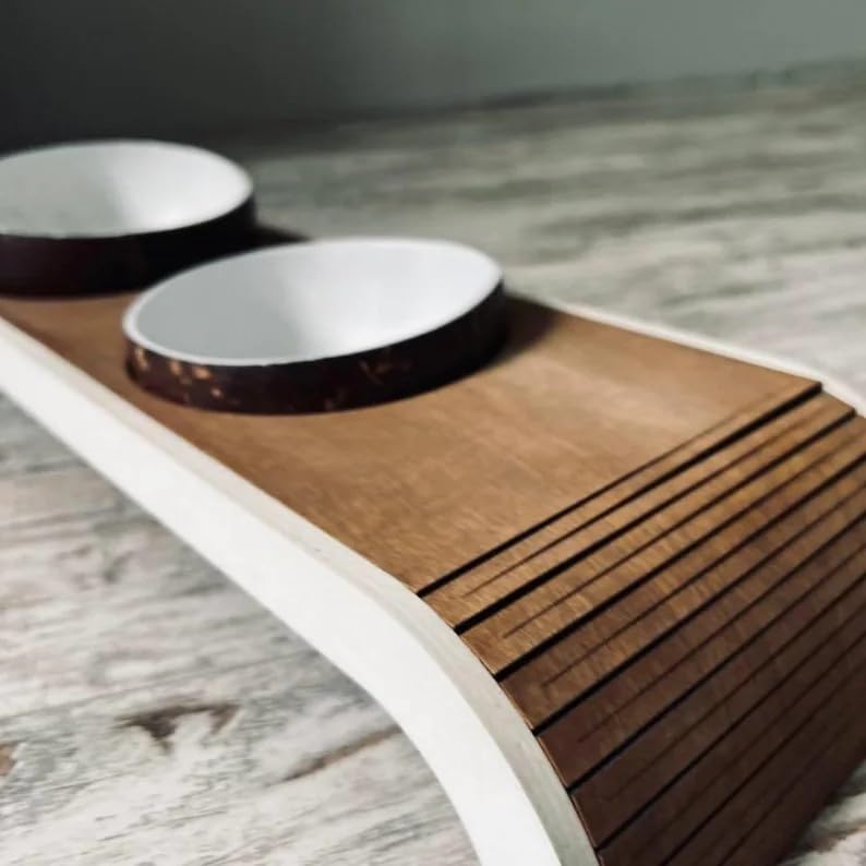 Elevated Cat Food and Water Bowl Set, Raised Pet Feeding Station with 2 Coconut Shell Bowls, Non-Slip Wooden Stand for Cats Small Dogs, Modern Home Decor, 15x8x4 Inch