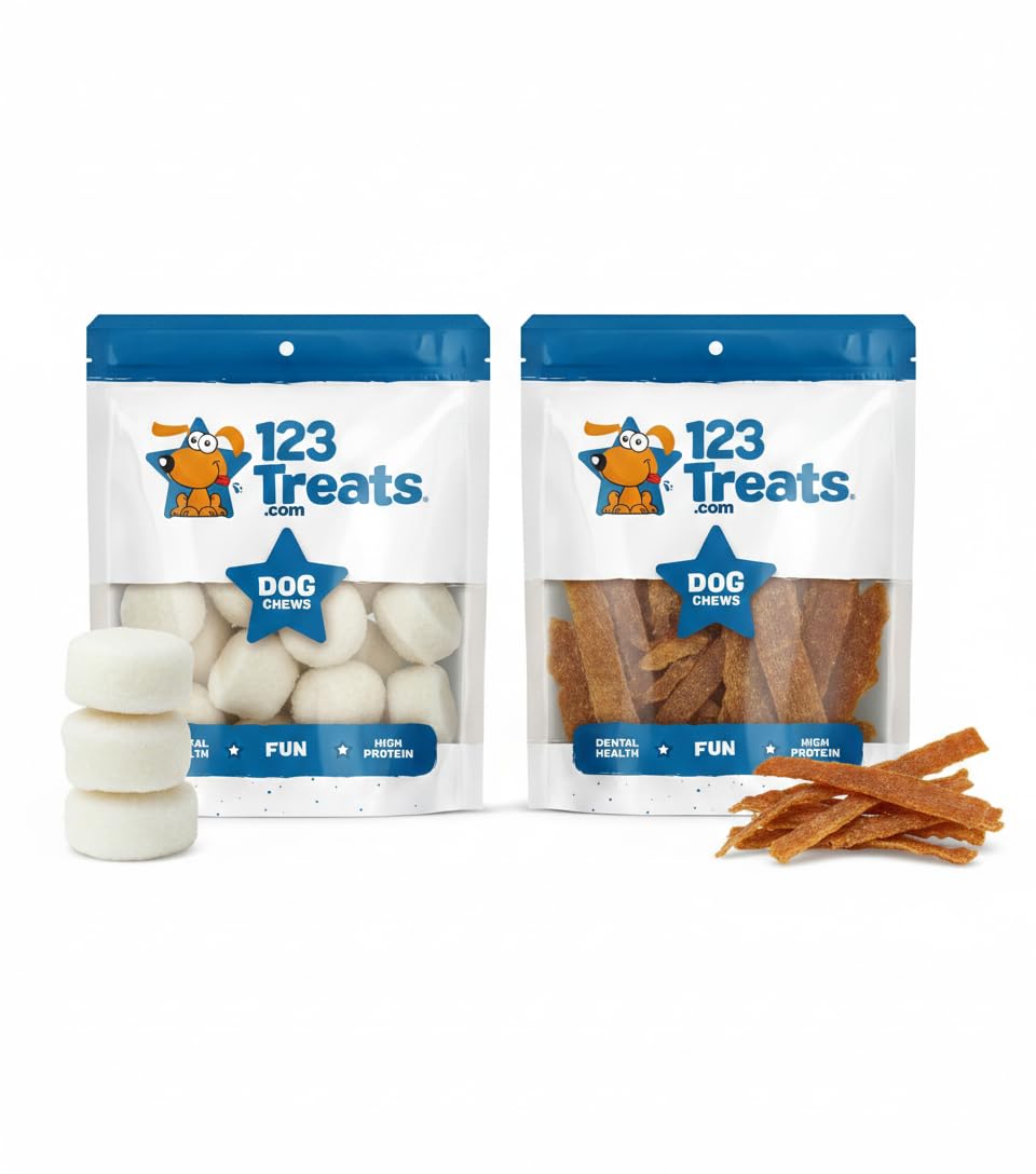 123 Treats Natural Dog Chew Bundle – 10 Count 6” Thick Beef Cheek Rolls + 1 lb Chicken Jerky | Long-Lasting Chews for Aggressive Chewers & High-Protein Training Treats
