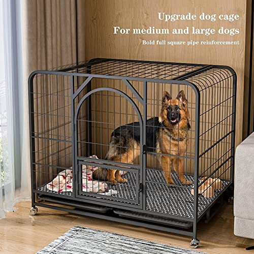 pet Crate Heavy-Duty Metal Wire Dog Cage, Easy to Install, Dog Crate Strong Metal Pet Kennel Playpen Large Dogs Cage with Lockable Wheels & Two Doors