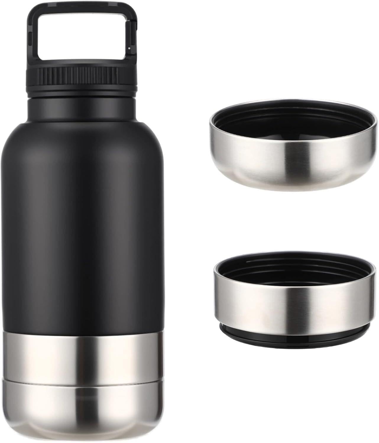 3-in-1 Insulated Dog Water Bottle, 35 oz / 1000 ml Stainless Steel, 2 Detachable Bowls, 9.5 oz / 270 ml Plus 8.8 oz / 250 ml, Multifunctional pet Travel Bowl for Walking Hiking Outdoor