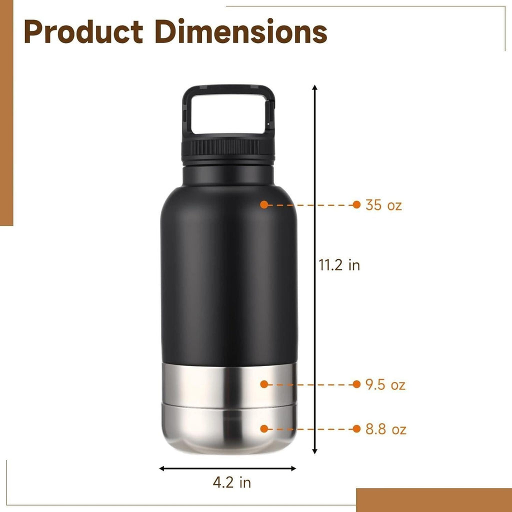 3-in-1 Insulated Dog Water Bottle, 35 oz / 1000 ml Stainless Steel, 2 Detachable Bowls, 9.5 oz / 270 ml Plus 8.8 oz / 250 ml, Multifunctional pet Travel Bowl for Walking Hiking Outdoor