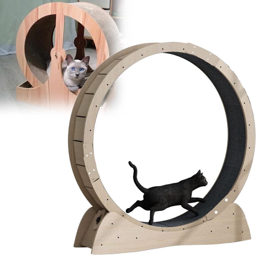 MAYKEA Wooden Mute Cat Exercise Wheel Treadmill, for Cats of All Stages, Indoor Cat Scratch Board Pet Furniture Grab Crawling Shelf, Cat Fitness Weight Loss Toys,XL