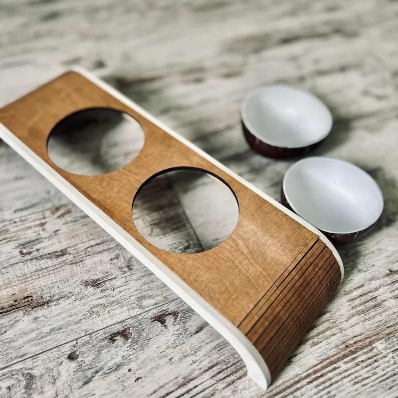 Elevated Cat Food and Water Bowl Set, Raised Pet Feeding Station with 2 Coconut Shell Bowls, Non-Slip Wooden Stand for Cats Small Dogs, Modern Home Decor, 15x8x4 Inch