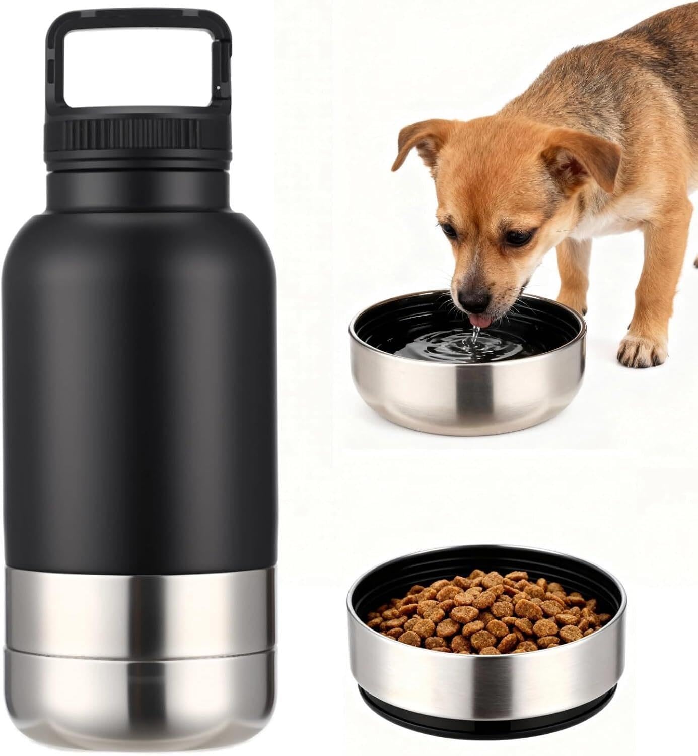 3-in-1 Insulated Dog Water Bottle, 35 oz / 1000 ml Stainless Steel, 2 Detachable Bowls, 9.5 oz / 270 ml Plus 8.8 oz / 250 ml, Multifunctional pet Travel Bowl for Walking Hiking Outdoor