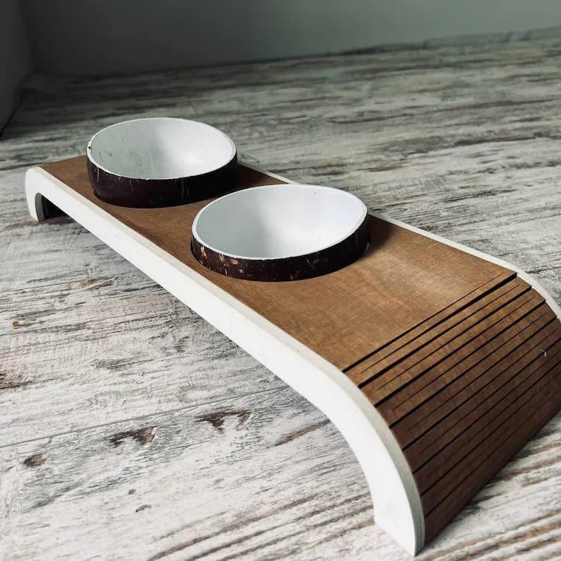 Elevated Cat Food and Water Bowl Set, Raised Pet Feeding Station with 2 Coconut Shell Bowls, Non-Slip Wooden Stand for Cats Small Dogs, Modern Home Decor, 15x8x4 Inch