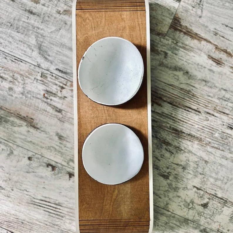 Elevated Cat Food and Water Bowl Set, Raised Pet Feeding Station with 2 Coconut Shell Bowls, Non-Slip Wooden Stand for Cats Small Dogs, Modern Home Decor, 15x8x4 Inch