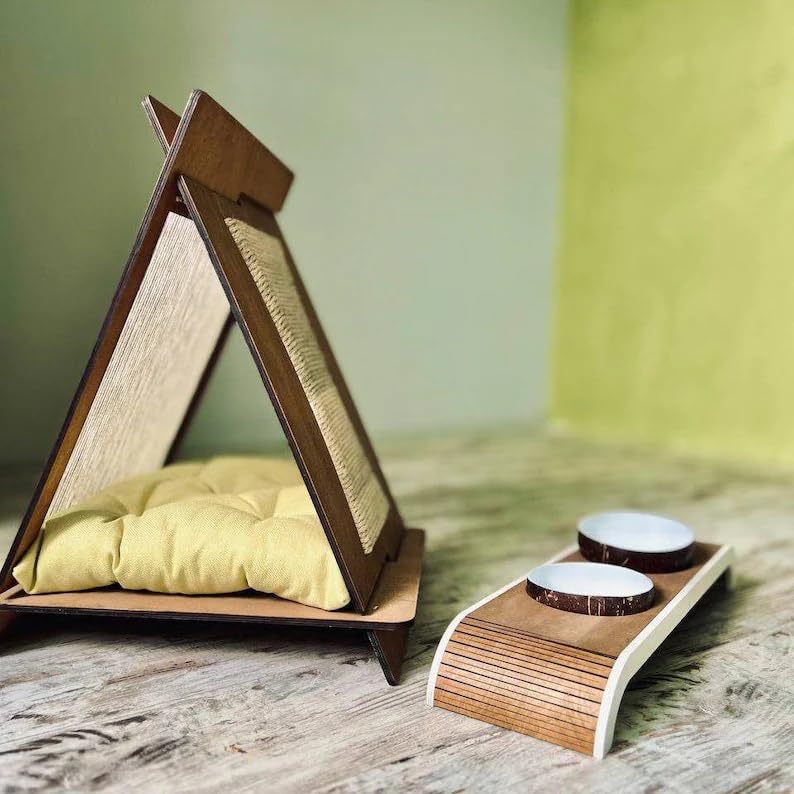 Elevated Cat Food and Water Bowl Set, Raised Pet Feeding Station with 2 Coconut Shell Bowls, Non-Slip Wooden Stand for Cats Small Dogs, Modern Home Decor, 15x8x4 Inch
