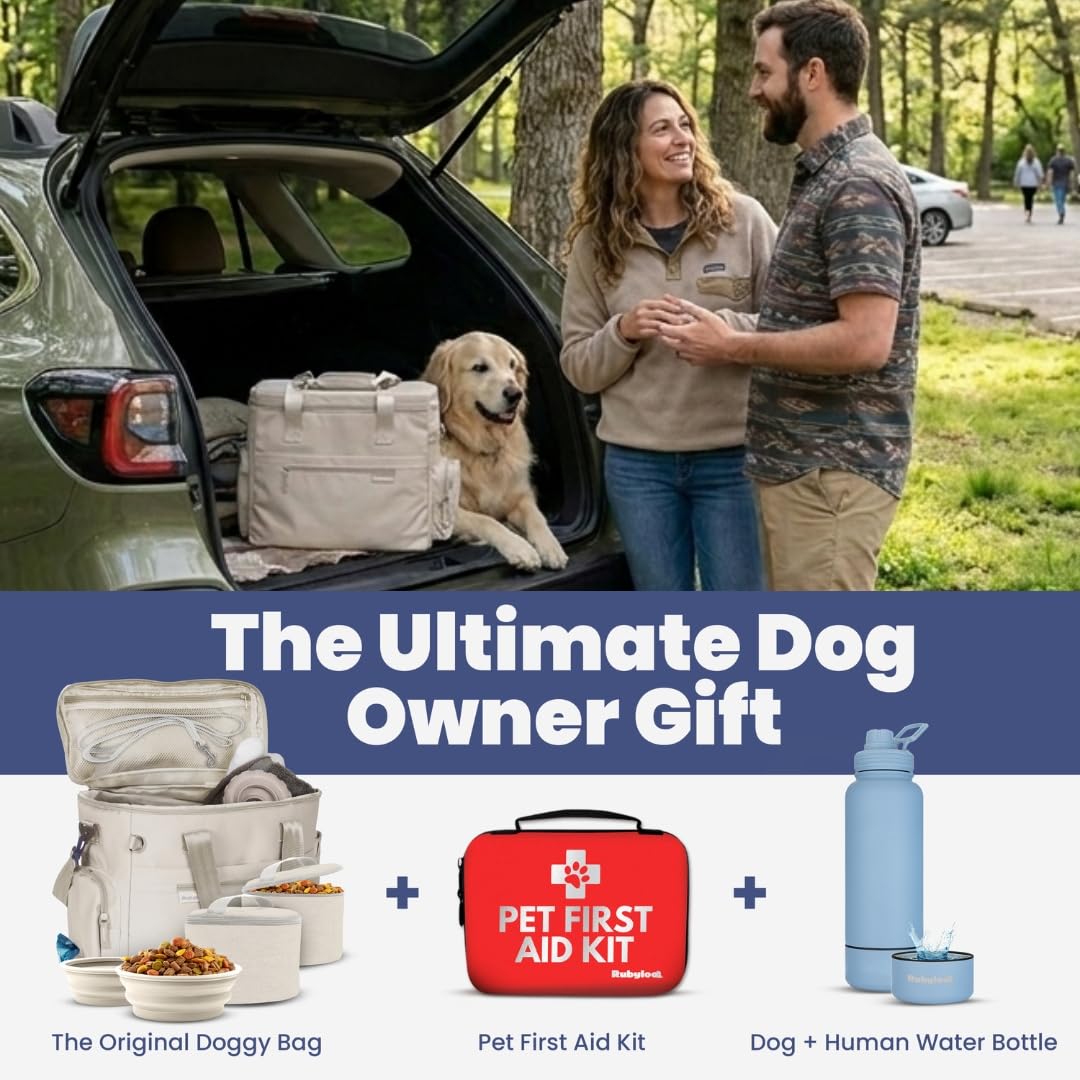Rubyloo Pet Feeder Dog Bowl - The Original Doggy Bag™ - Ultimate Gift for Dog Owners - Includes 2 BPA-Free Travel Bowls and 2 Food Containers - Pet Travel Kit for Road Trips, Camping, RV