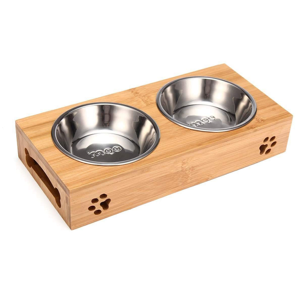 Double Single Dog Bowls for Pet Puppy Stainless Steel Bamboo Rack Food Water Bowl Feeder Pet Cats Feeding Dishes Dogs Drink Bowl. (Color : Yellow Size : Double Bowl)