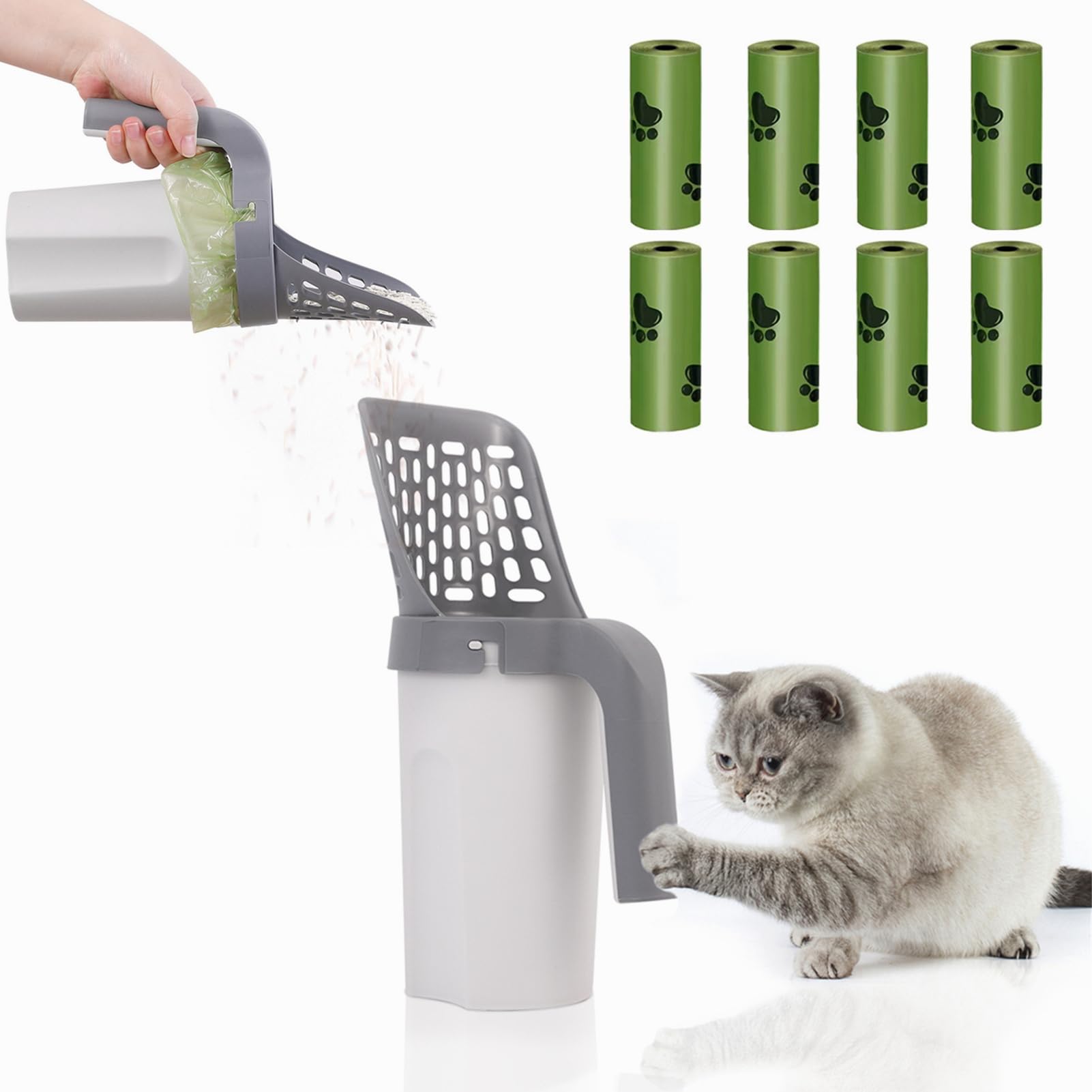 Kitty Scoop 2023 New Upgraded Cat Litter Scooper with Holder Portable & Reusable & Removable Cat Litter Scoop Holder with Litter Bag Better Experience than Before/258 (Color : 1 Set+8 Rolls Bags)