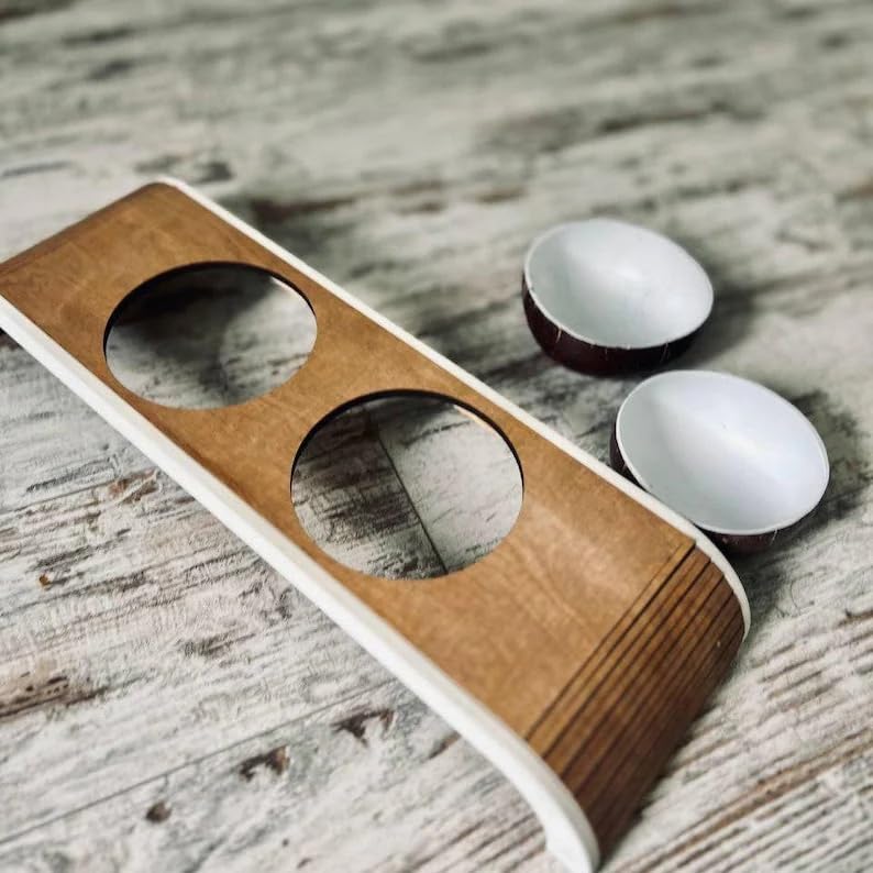 Elevated Cat Food and Water Bowl Set, Raised Pet Feeding Station with 2 Coconut Shell Bowls, Non-Slip Wooden Stand for Cats Small Dogs, Modern Home Decor, 15x8x4 Inch