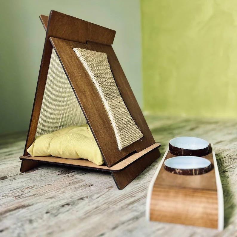 Elevated Cat Food and Water Bowl Set, Raised Pet Feeding Station with 2 Coconut Shell Bowls, Non-Slip Wooden Stand for Cats Small Dogs, Modern Home Decor, 15x8x4 Inch
