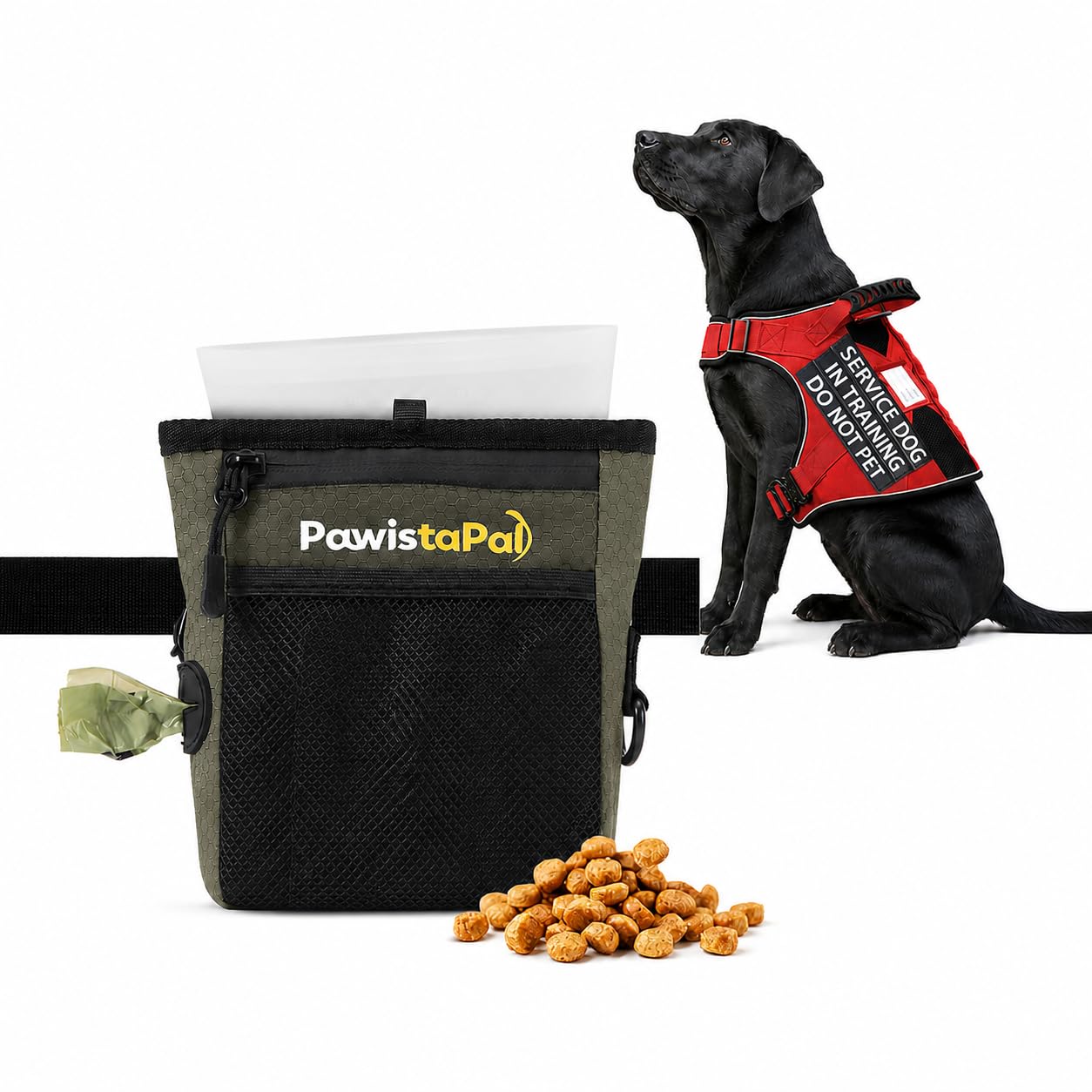 Green Dog Treat Pouch and Service Dog in Training Vest Kit, One-Hand Magnetic Treat Bag with Silicone Liner for Medium Dogs,Reflective No Pull Harness with Handle, 6 Patches and Metal Buckles