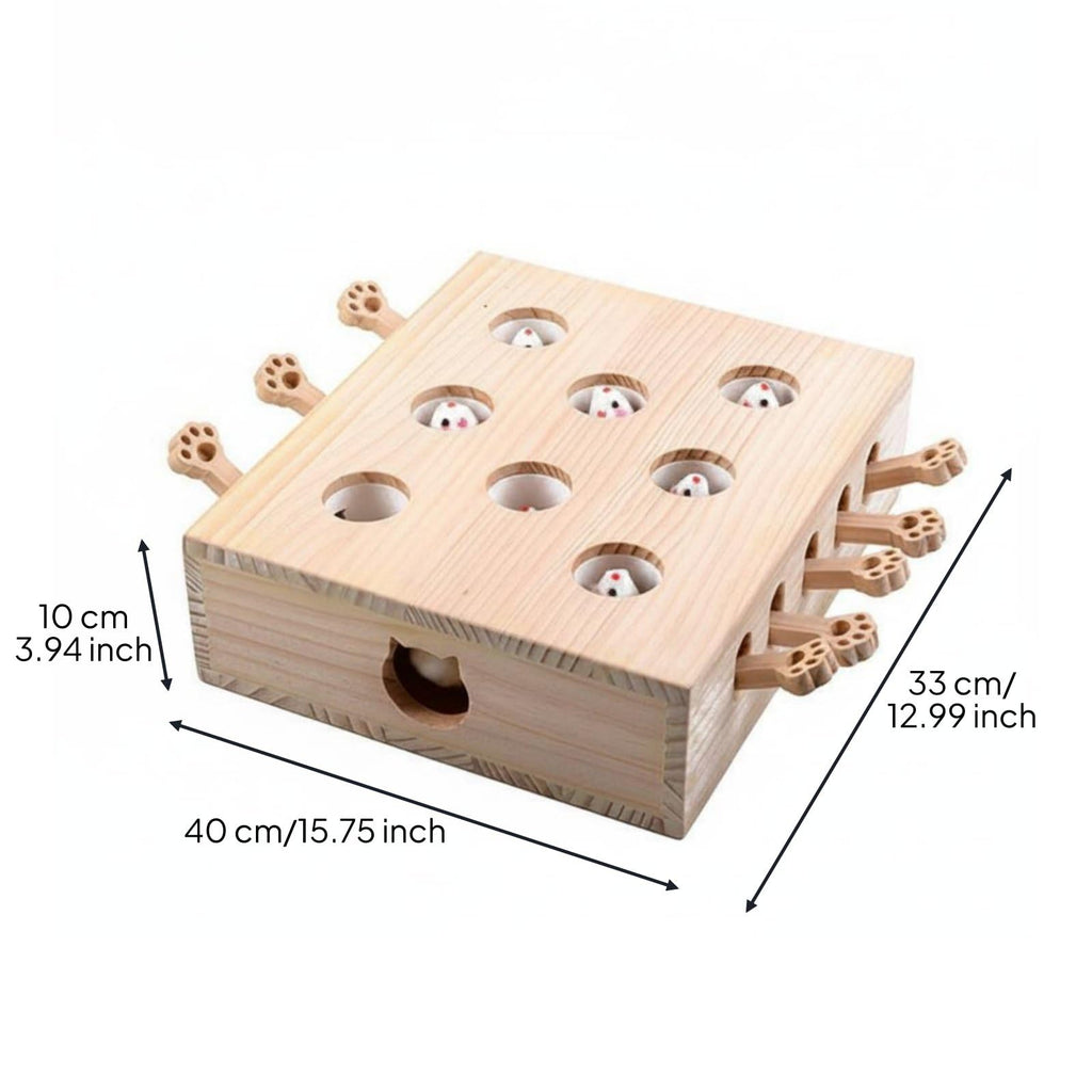 Interactive Rodent Activity Box with Multi Hole Puzzle Wooden Pounce and Toy Structure for Swatting and Batting Suitable for Indoor Enrichment, Mouse Model