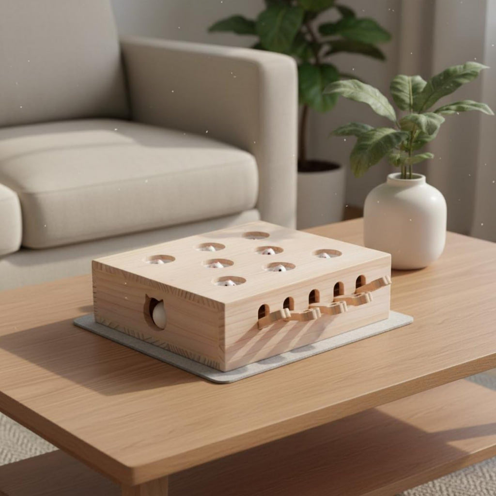 Interactive Rodent Activity Box with Multi Hole Puzzle Wooden Pounce and Toy Structure for Swatting and Batting Suitable for Indoor Enrichment, Mouse Model