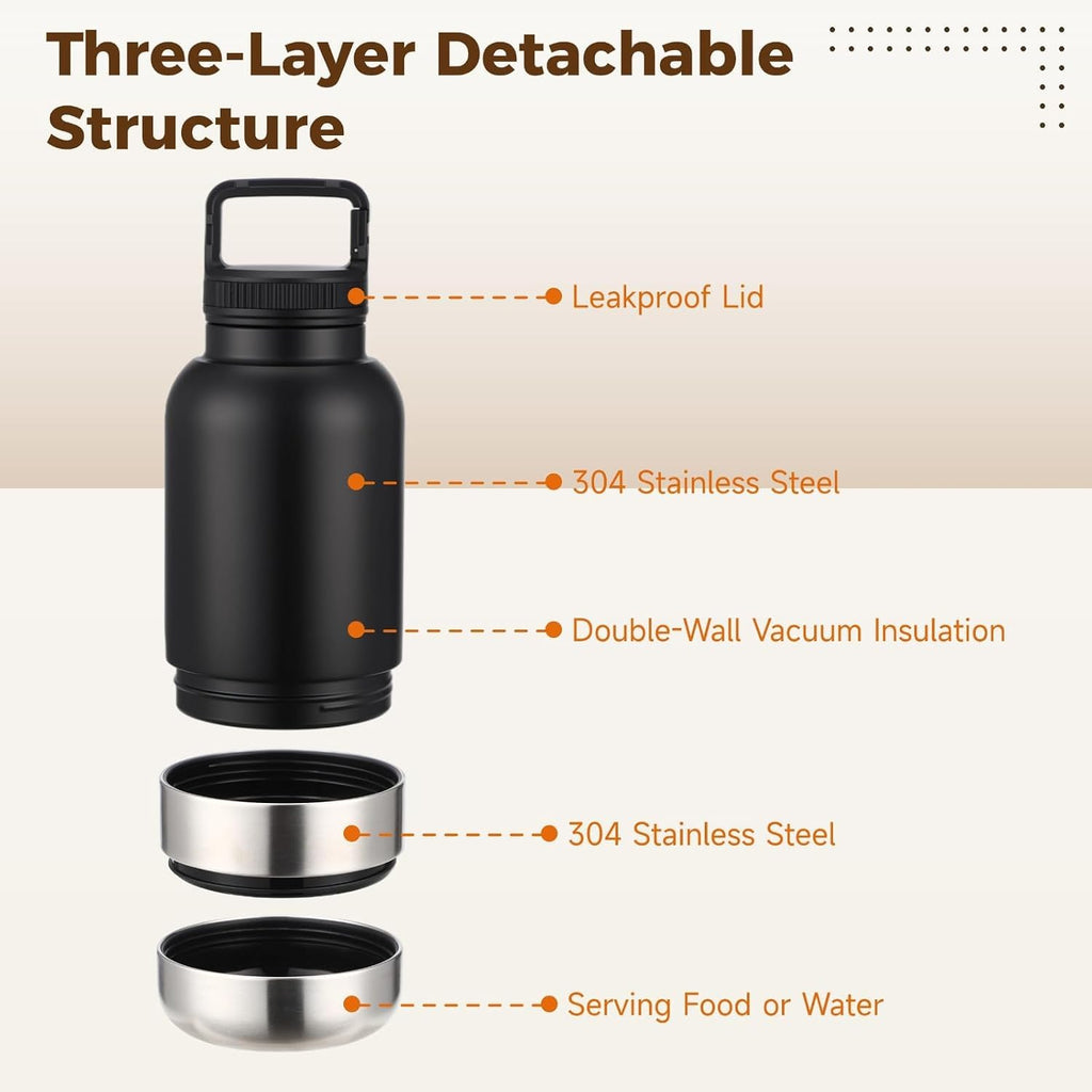 3-in-1 Insulated Dog Water Bottle, 35 oz / 1000 ml Stainless Steel, 2 Detachable Bowls, 9.5 oz / 270 ml Plus 8.8 oz / 250 ml, Multifunctional pet Travel Bowl for Walking Hiking Outdoor
