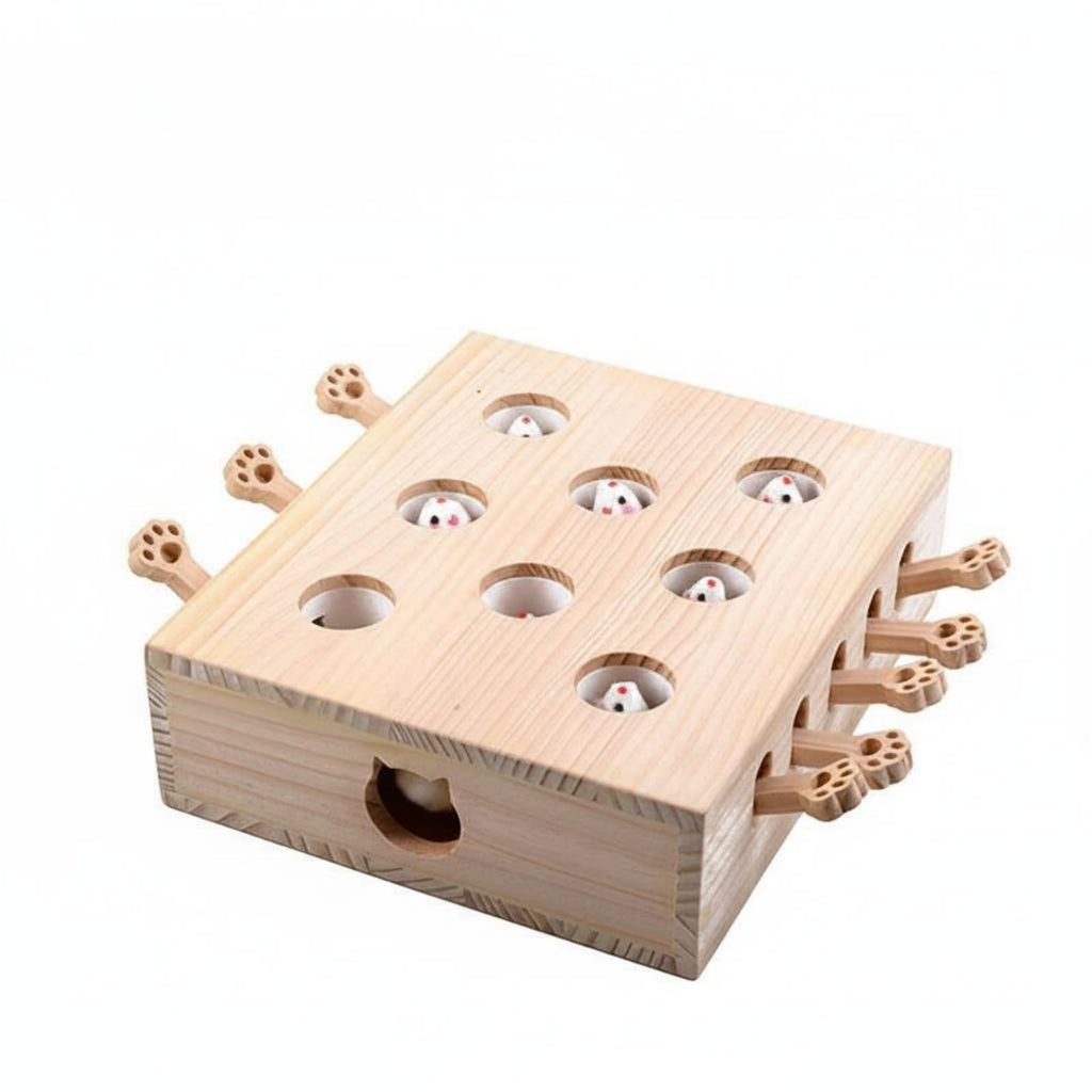 Interactive Rodent Activity Box with Multi Hole Puzzle Wooden Pounce and Toy Structure for Swatting and Batting Suitable for Indoor Enrichment, Mouse Model