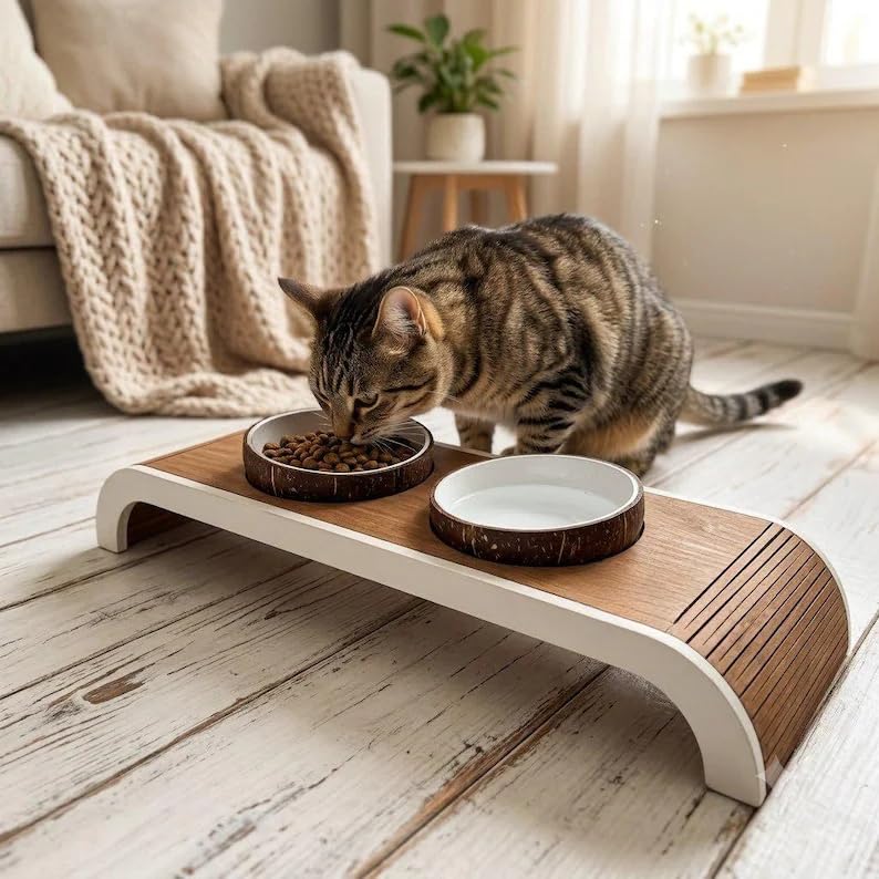 Elevated Cat Food and Water Bowl Set, Raised Pet Feeding Station with 2 Coconut Shell Bowls, Non-Slip Wooden Stand for Cats Small Dogs, Modern Home Decor, 15x8x4 Inch