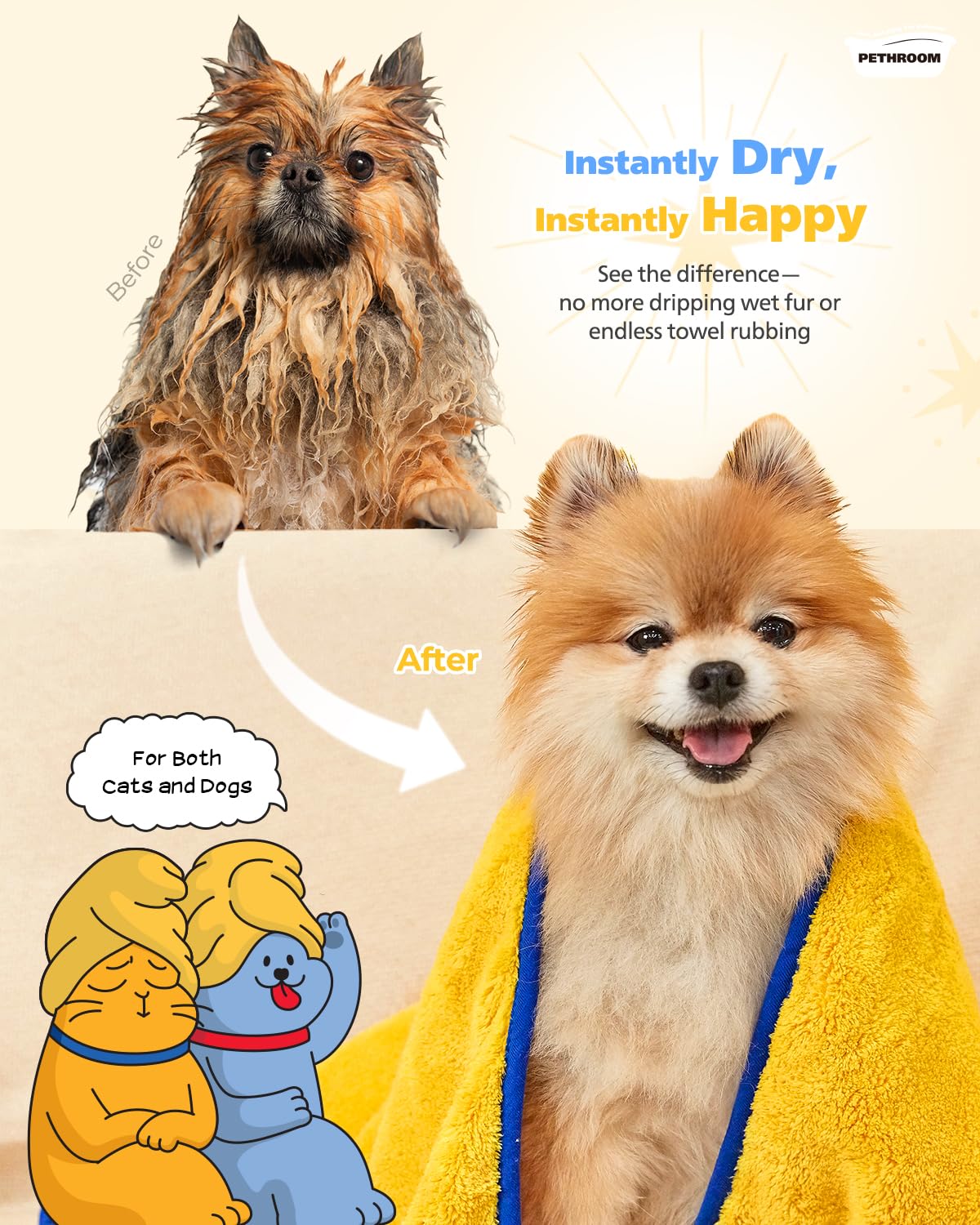 [PETHROOM] Sponge Dog Towels for Drying Dogs, Cats & Puppies Alike | Lightweight, Super Absorbent & Quick Drying Doggie Dryer Microfiber Towel | Soft Microfiber Pet Bath Towel (Large)