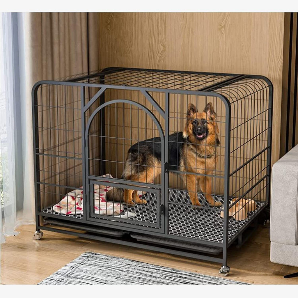 pet Crate Heavy-Duty Metal Wire Dog Cage, Easy to Install, Dog Crate Strong Metal Pet Kennel Playpen Large Dogs Cage with Lockable Wheels & Two Doors