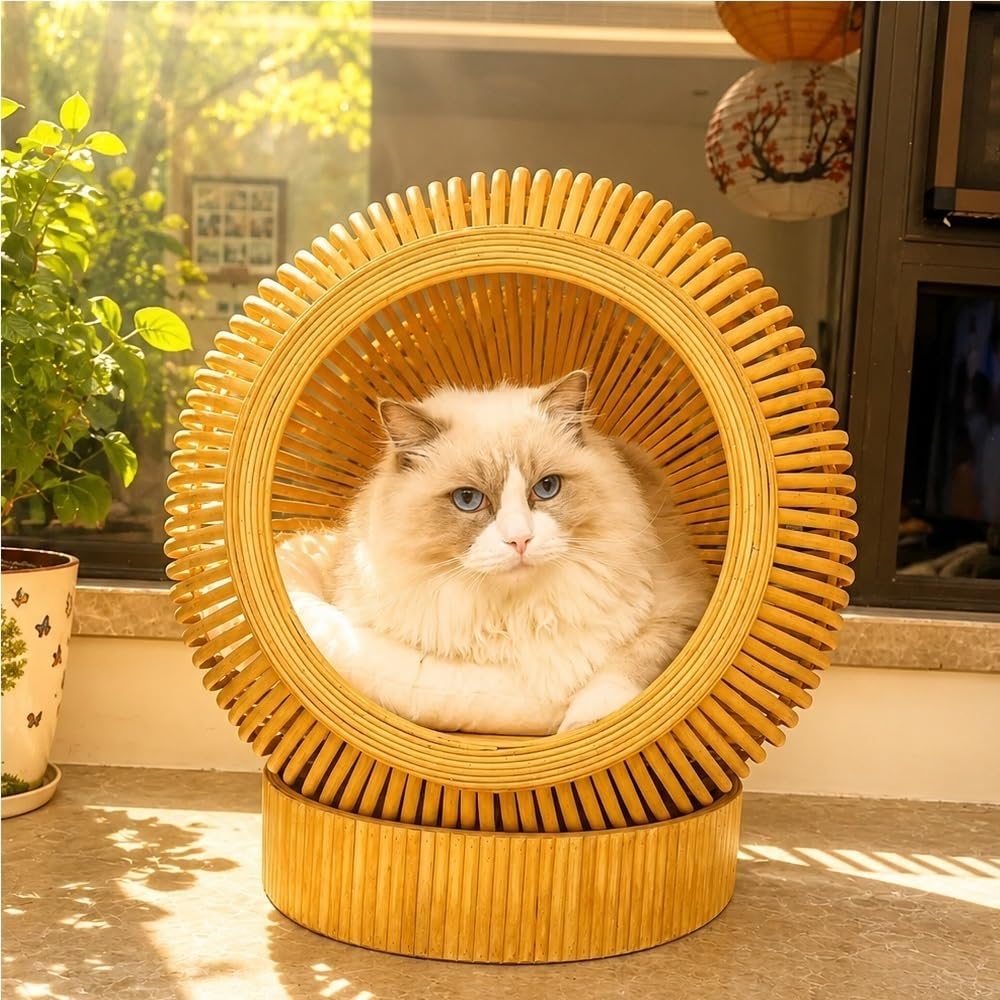 Handmade Wicker Cat Bed, Rattan Beds for Indoor Cats, Handwoven Bamboo Cave Pet, Natural Cat Bed Cave for Bedroom & Living Room