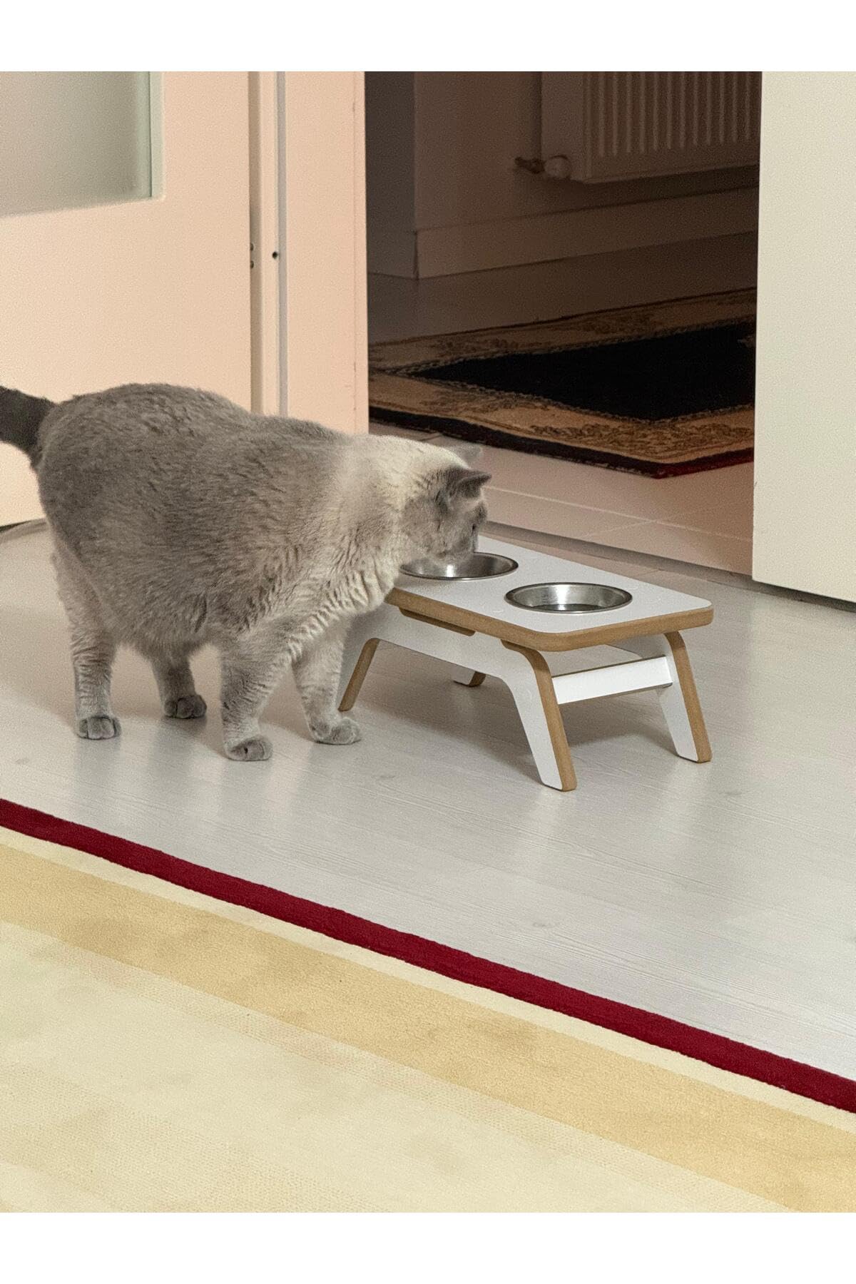 Pet Food and Water Bowl Stand for Cats and Dogs | White | MDF Wood and Metal | 2 Stainless Steel Bowls Included | Modern Design - White