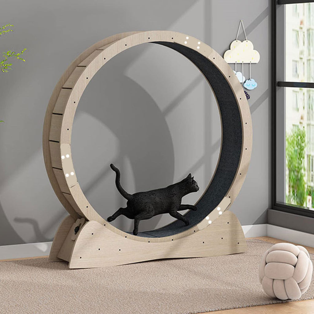 MAYKEA Wooden Mute Cat Exercise Wheel Treadmill, for Cats of All Stages, Indoor Cat Scratch Board Pet Furniture Grab Crawling Shelf, Cat Fitness Weight Loss Toys,XL