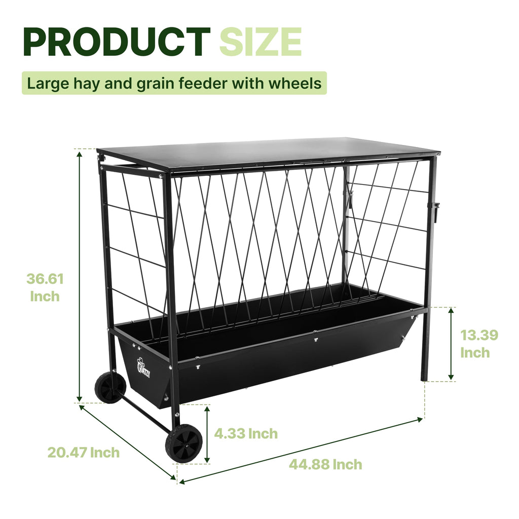 Goatzy Large Hay Feeder for Goats with Roof, Wheels and Handles, Covered 2-in-1 Galvanized Steel Goat Hay Feeder Trough, 50 Gallon Rack and 20 Gallon Grain for Horse Sheep Cattle Alpacas Livestock