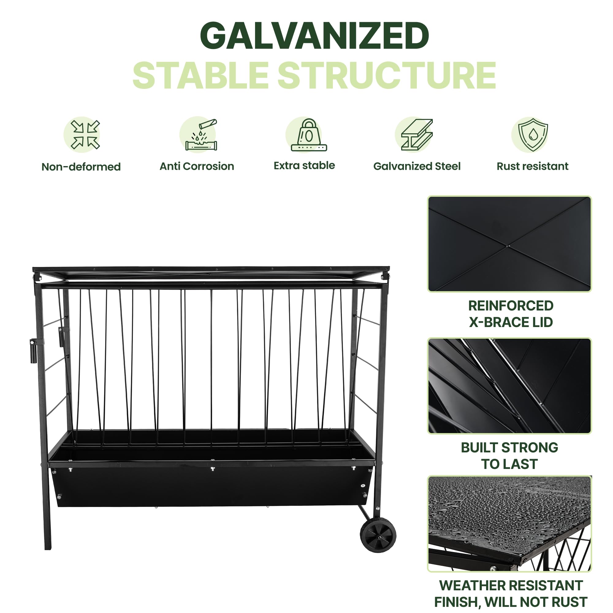 Goatzy Large Hay Feeder for Goats with Roof, Wheels and Handles, Covered 2-in-1 Galvanized Steel Goat Hay Feeder Trough, 50 Gallon Rack and 20 Gallon Grain for Horse Sheep Cattle Alpacas Livestock