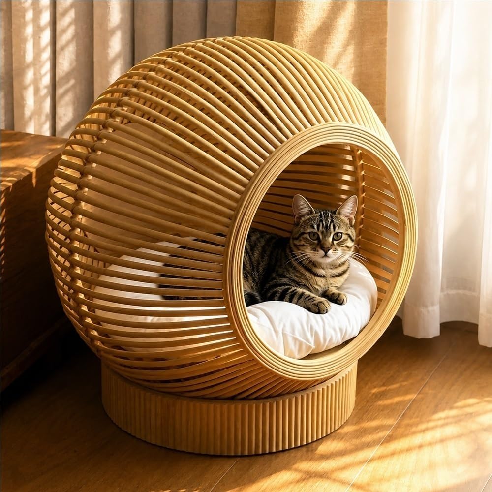 Handmade Wicker Cat Bed, Rattan Beds for Indoor Cats, Handwoven Bamboo Cave Pet, Natural Cat Bed Cave for Bedroom & Living Room
