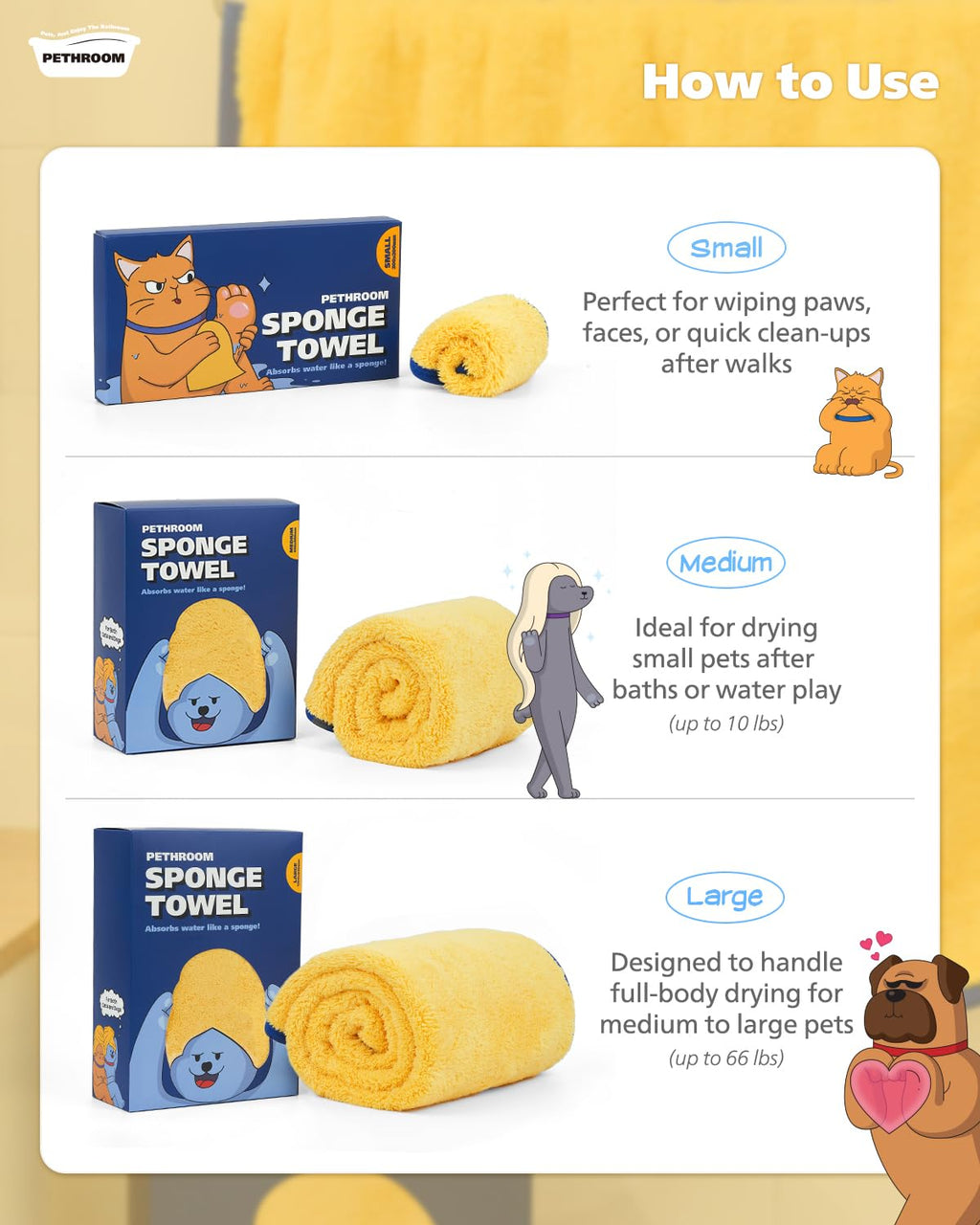 [PETHROOM] Sponge Dog Towels for Drying Dogs, Cats & Puppies Alike | Lightweight, Super Absorbent & Quick Drying Doggie Dryer Microfiber Towel | Soft Microfiber Pet Bath Towel (Large)