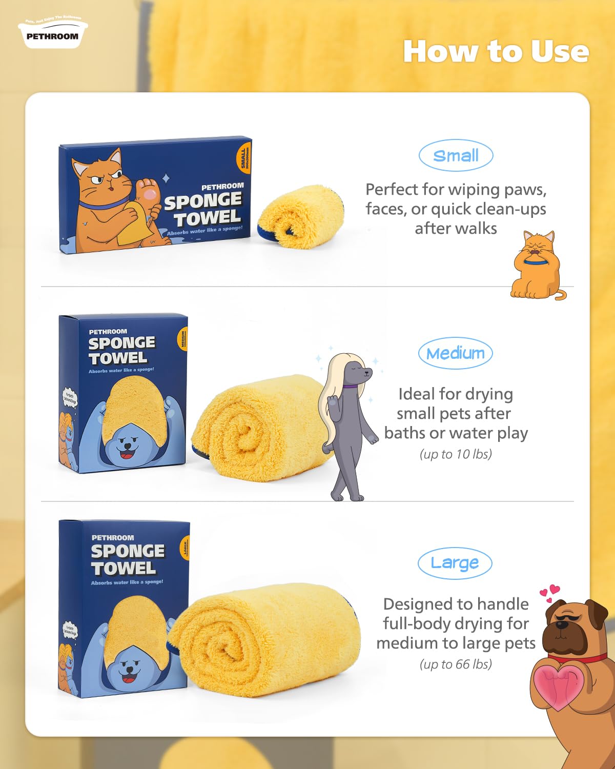 [PETHROOM] Sponge Dog Towels for Drying Dogs, Cats & Puppies Alike | Lightweight, Super Absorbent & Quick Drying Doggie Dryer Microfiber Towel | Soft Microfiber Pet Bath Towel (Large)
