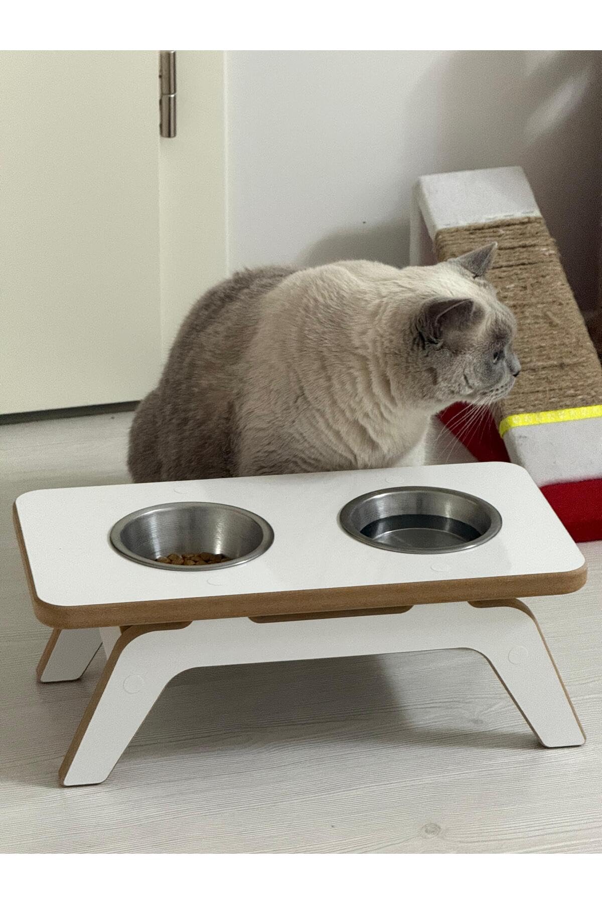 Pet Food and Water Bowl Stand for Cats and Dogs | White | MDF Wood and Metal | 2 Stainless Steel Bowls Included | Modern Design - White