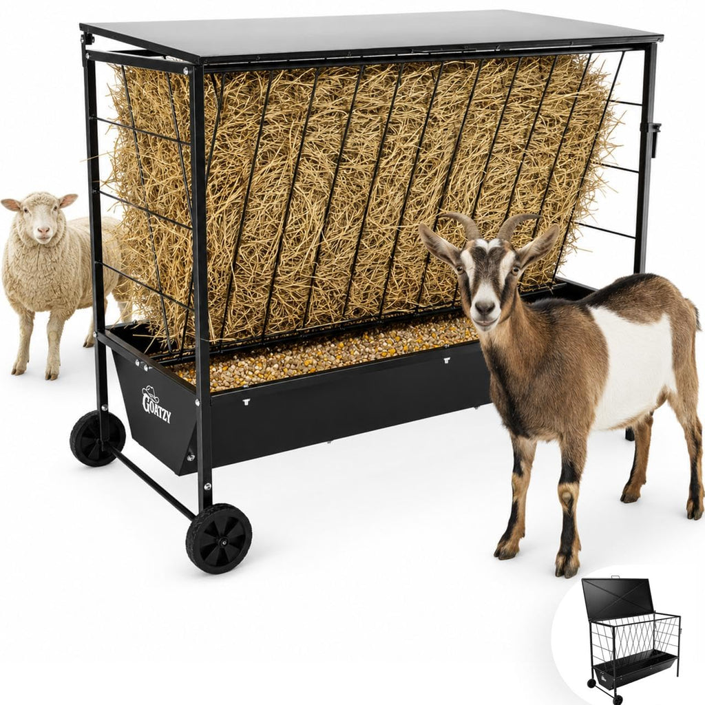 Goatzy Large Hay Feeder for Goats with Roof, Wheels and Handles, Covered 2-in-1 Galvanized Steel Goat Hay Feeder Trough, 50 Gallon Rack and 20 Gallon Grain for Horse Sheep Cattle Alpacas Livestock