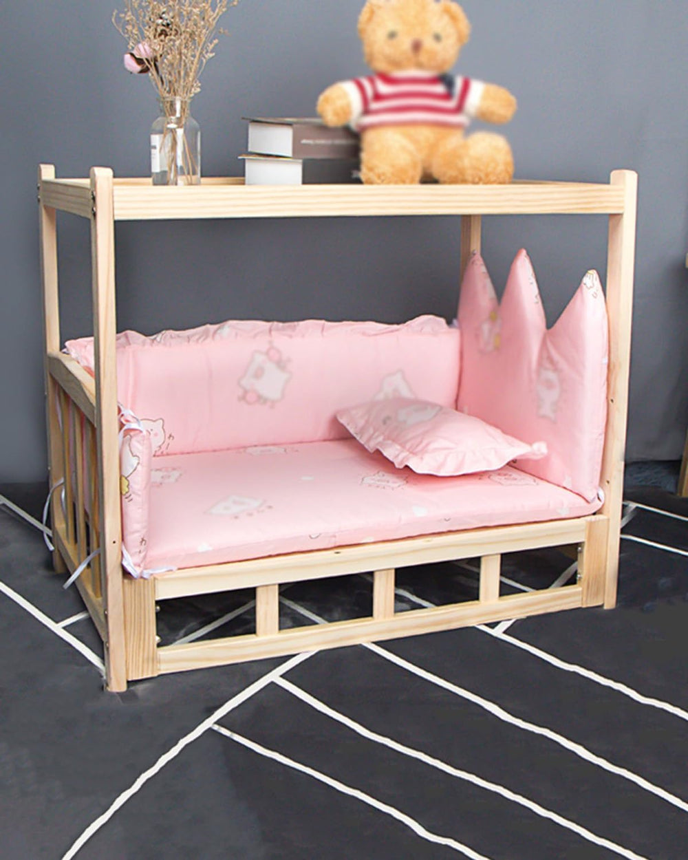 Elevated Wooden Dog Bed with Two-Layer Pet Shelter