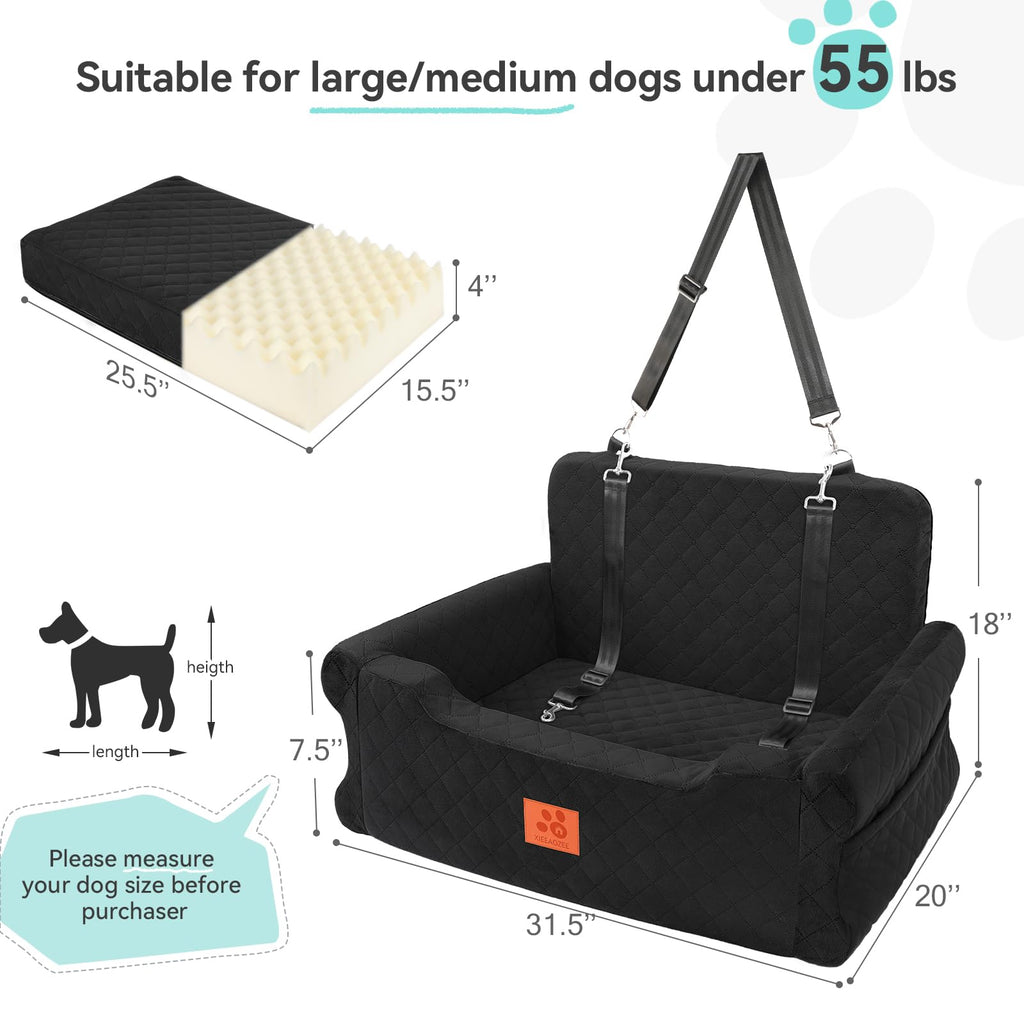 XIEEAOZEE Dog Car Seat for Large/Medium Dogs up to 55 lbs, Travel Car Dog Bed Filling Memory Foam, Washable Pet Booster Carseat for 2 Small Dogs, 2 Safety Leashes, Side Pocket