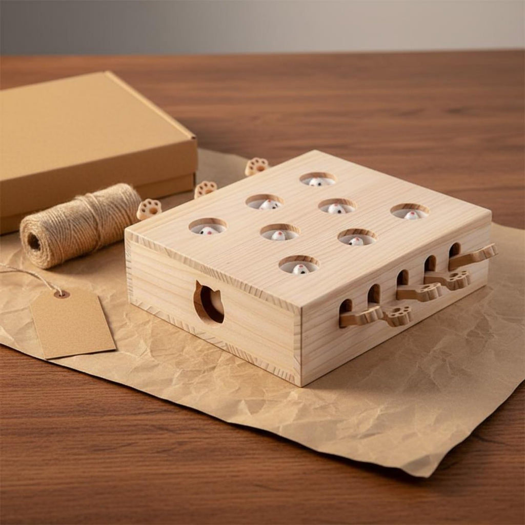 Interactive Rodent Activity Box with Multi Hole Puzzle Wooden Pounce and Toy Structure for Swatting and Batting Suitable for Indoor Enrichment, Mouse Model