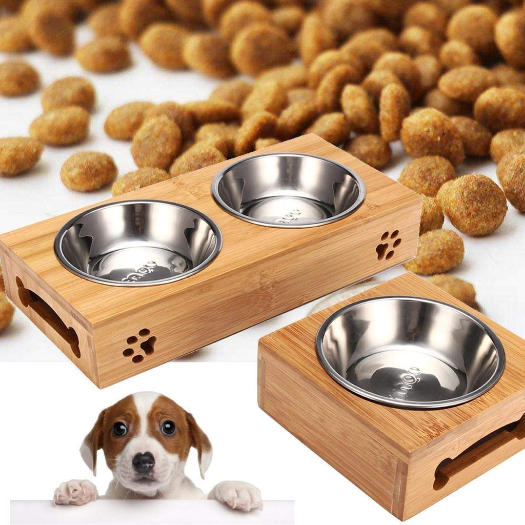 Double Single Dog Bowls for Pet Puppy Stainless Steel Bamboo Rack Food Water Bowl Feeder Pet Cats Feeding Dishes Dogs Drink Bowl. (Color : Yellow Size : Double Bowl)