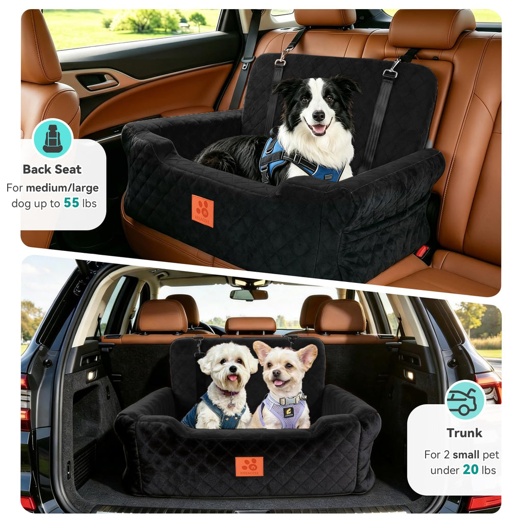 XIEEAOZEE Dog Car Seat for Large/Medium Dogs up to 55 lbs, Travel Car Dog Bed Filling Memory Foam, Washable Pet Booster Carseat for 2 Small Dogs, 2 Safety Leashes, Side Pocket