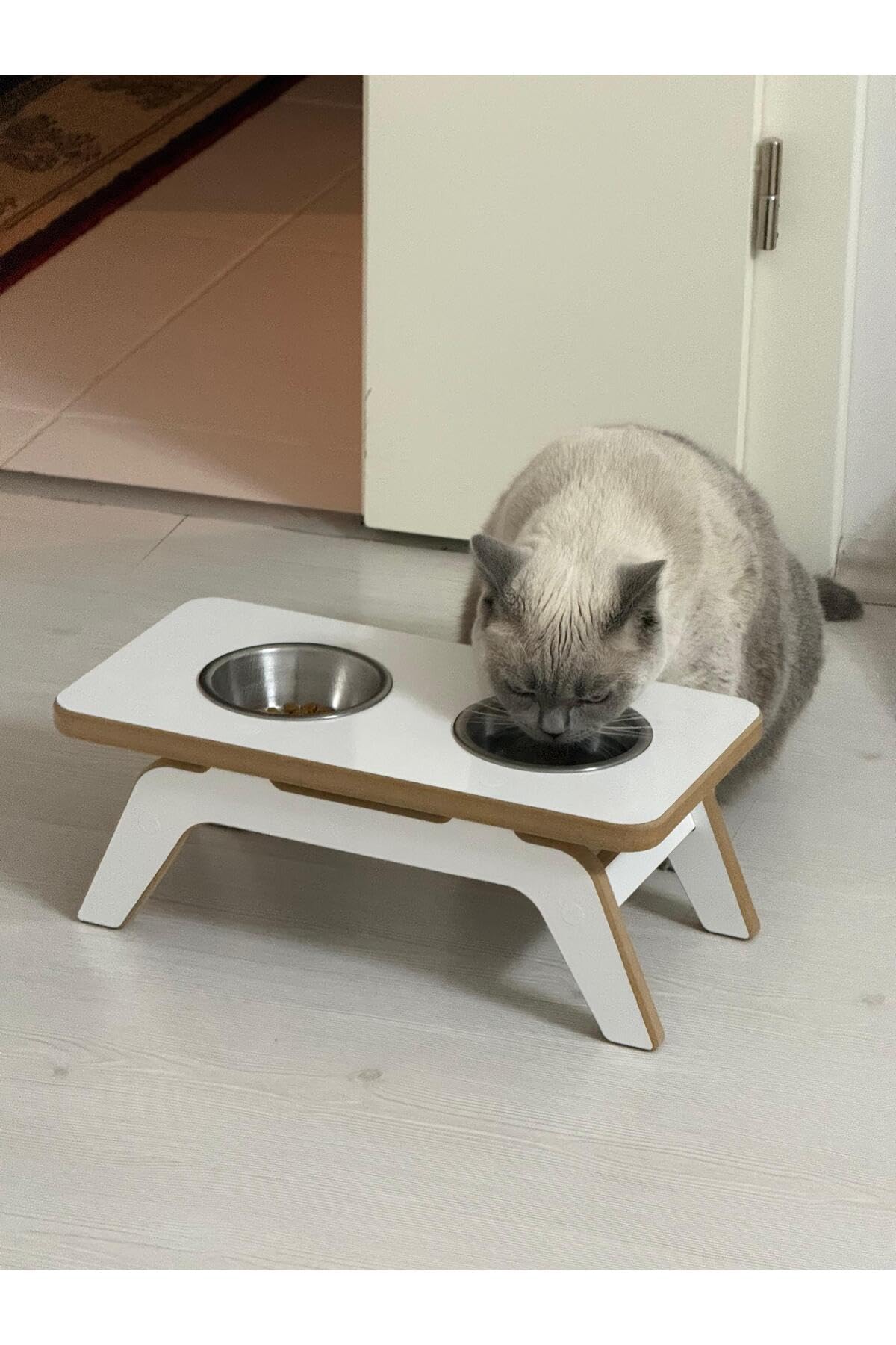 Pet Food and Water Bowl Stand for Cats and Dogs | White | MDF Wood and Metal | 2 Stainless Steel Bowls Included | Modern Design - White