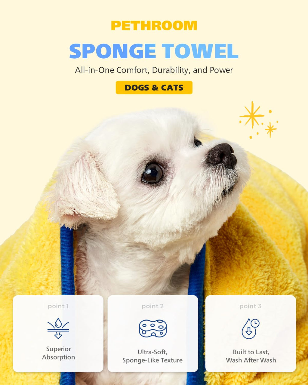 [PETHROOM] Sponge Dog Towels for Drying Dogs, Cats & Puppies Alike | Lightweight, Super Absorbent & Quick Drying Doggie Dryer Microfiber Towel | Soft Microfiber Pet Bath Towel (Large)