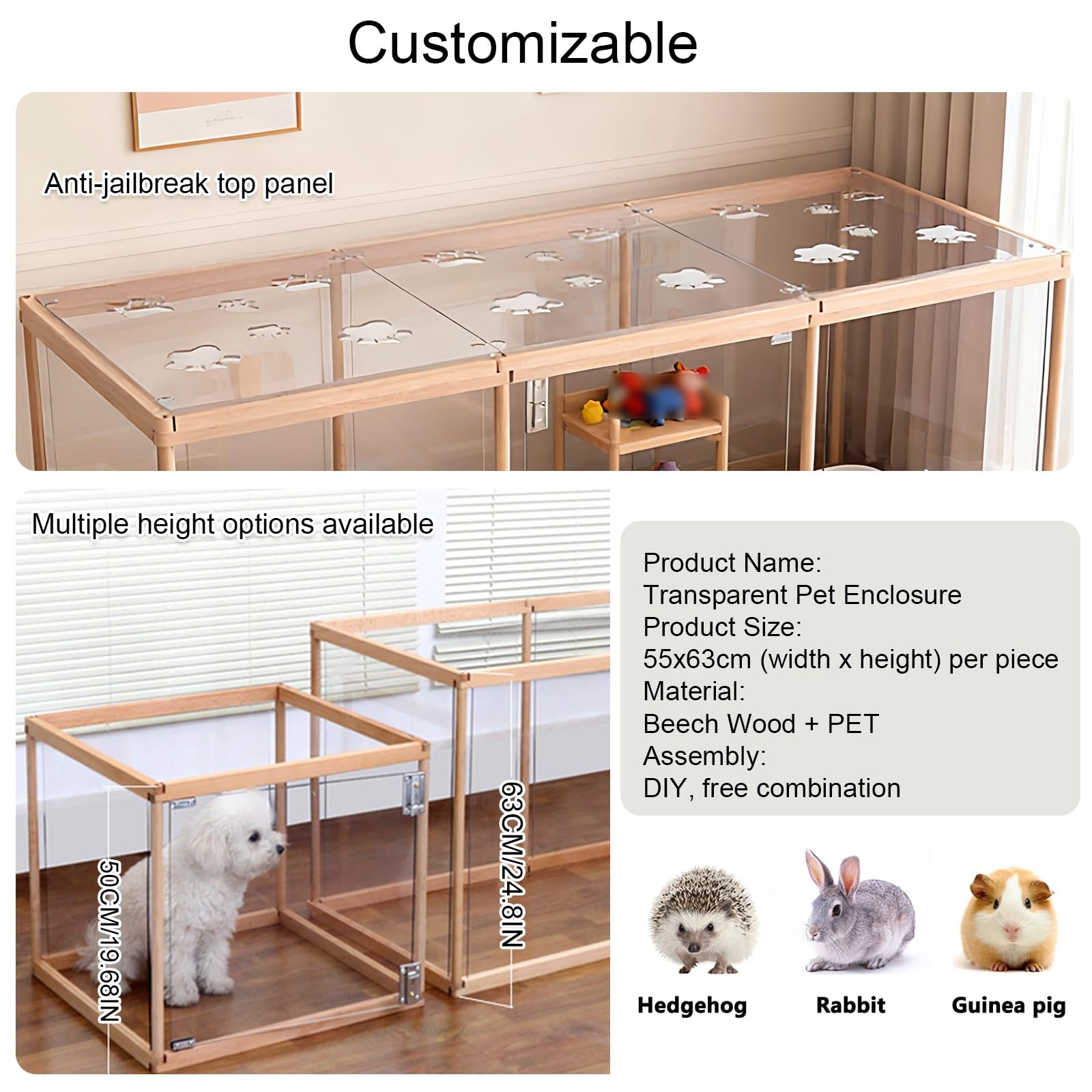Transparent Dog Playpen with Door, Wooden Pet Fence BER for Small & Mum Dogs, DIY S Combinat, Cat Partit, Indoor/Outdoor Use