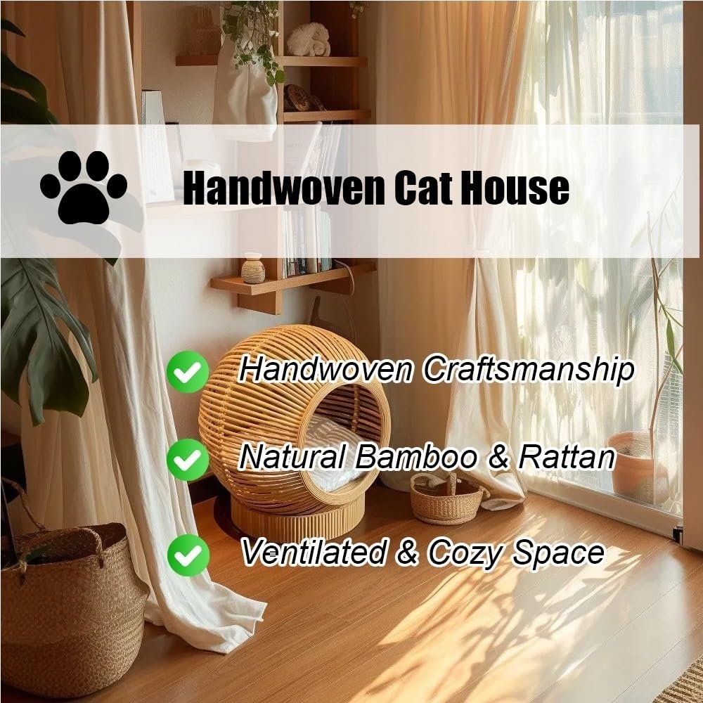 Handmade Wicker Cat Bed, Rattan Beds for Indoor Cats, Handwoven Bamboo Cave Pet, Natural Cat Bed Cave for Bedroom & Living Room