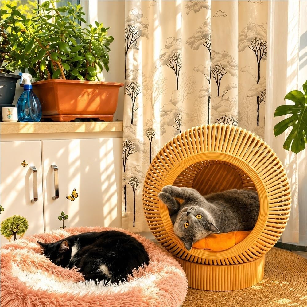 Handmade Wicker Cat Bed, Rattan Beds for Indoor Cats, Handwoven Bamboo Cave Pet, Natural Cat Bed Cave for Bedroom & Living Room