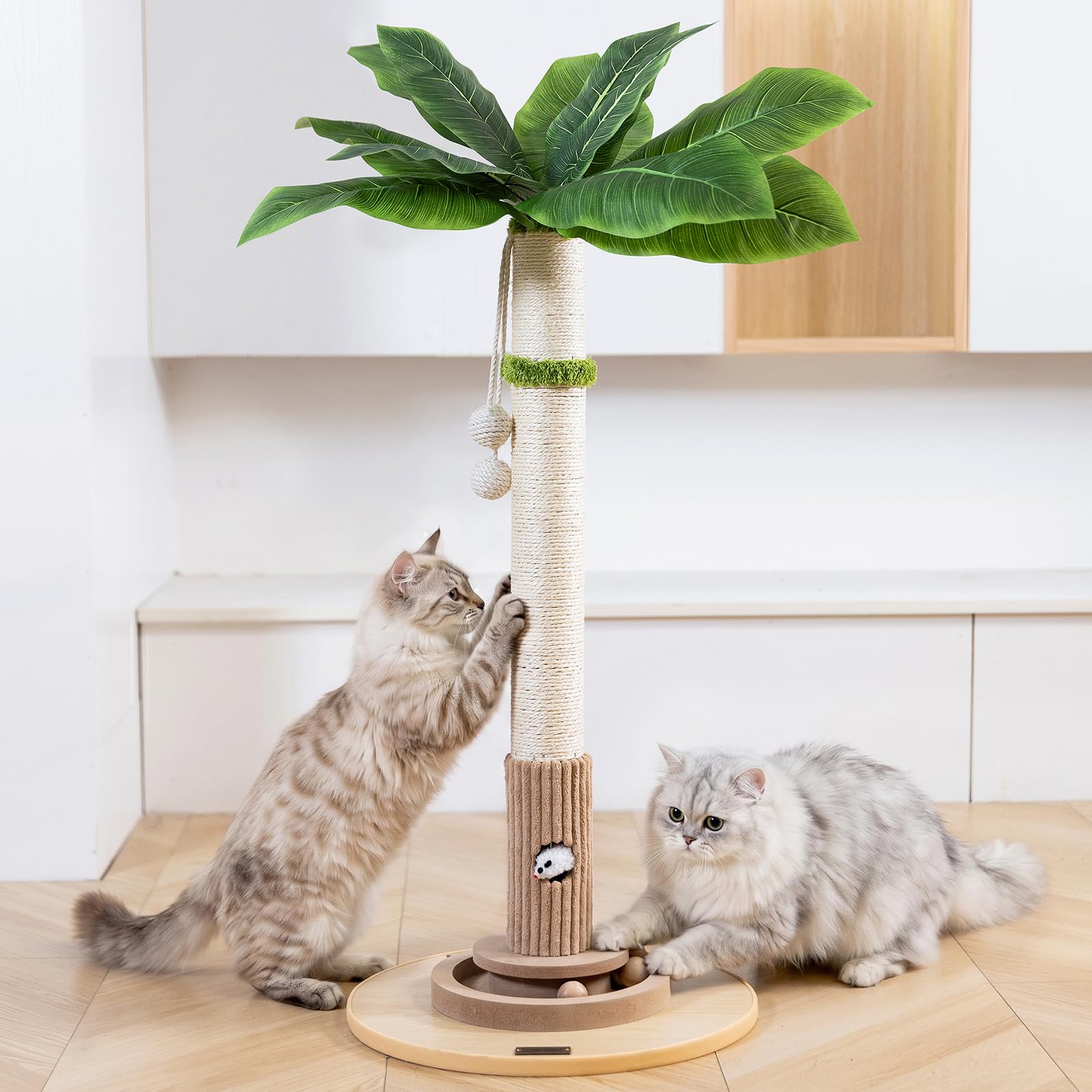 WOOCHPET Cat Scratching Post for Indoor Cats 35" Tall, Sisal Cat Scratcher with Mouse Toy and Track Balls, Wooden Base