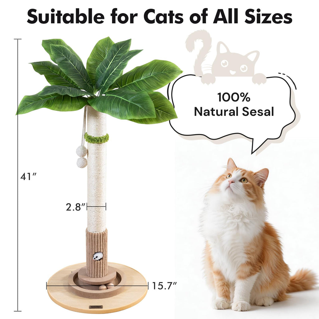 WOOCHPET Cat Scratching Post for Indoor Cats 35" Tall, Sisal Cat Scratcher with Mouse Toy and Track Balls, Wooden Base